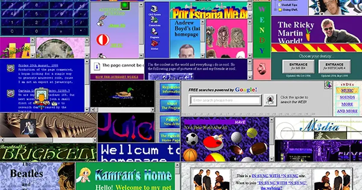 90s web aesthetic from GeoCities sites built with FrontPage web builder
