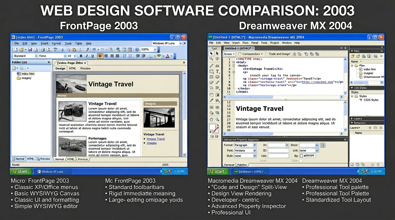 FrontPage vs Dreamweaver web builder interface comparison circa 2003.