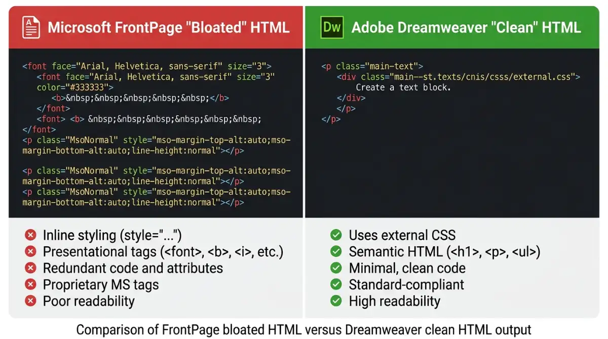 Comparison of FrontPage bloated HTML versus Dreamweaver clean HTML output