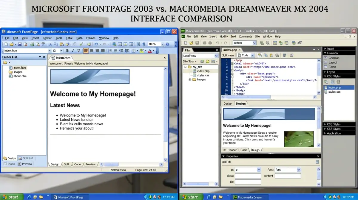 Microsoft FrontPage 2003 vs Macromedia Dreamweaver MX 2004 interface comparison