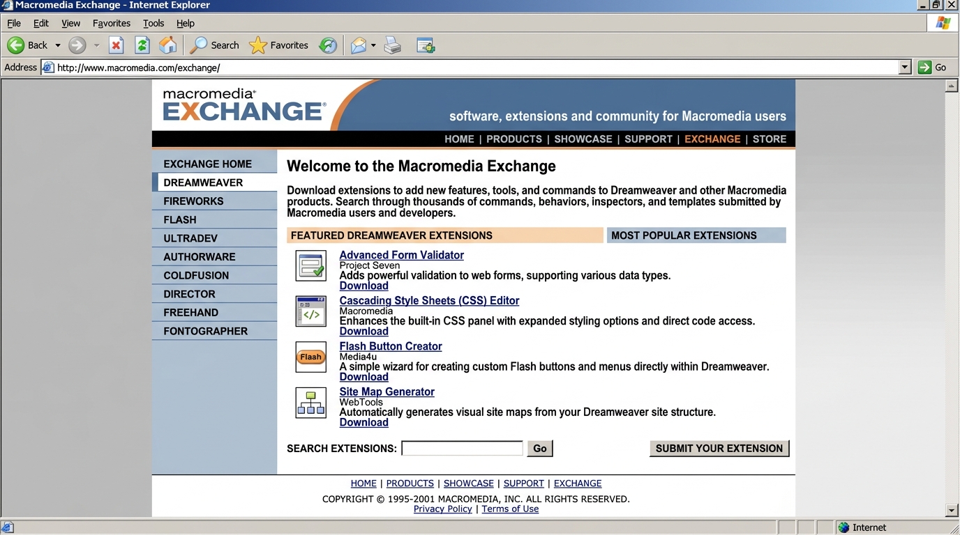 Macromedia Exchange extension marketplace for Dreamweaver users screenshot