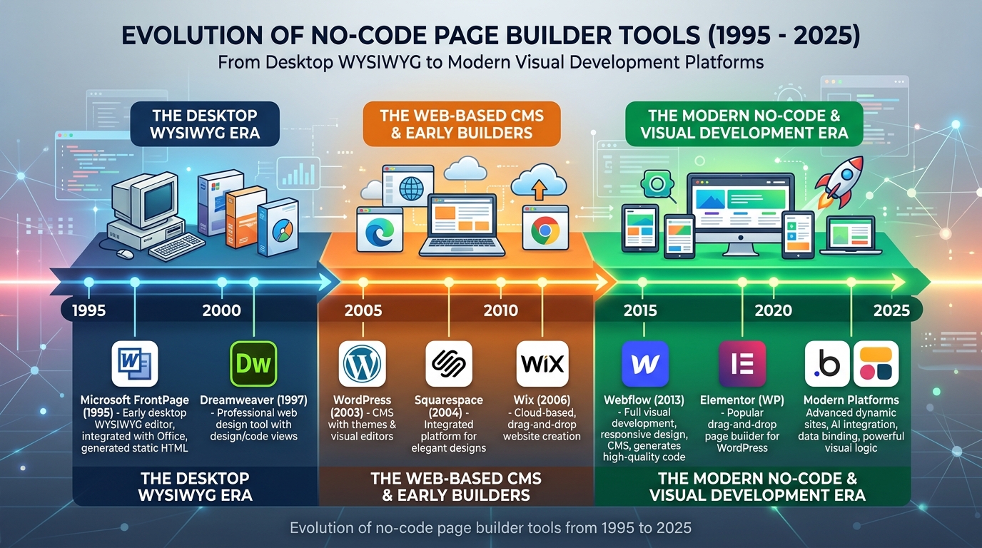 Evolution of no-code page builder tools from 1995 to 2025 infographic