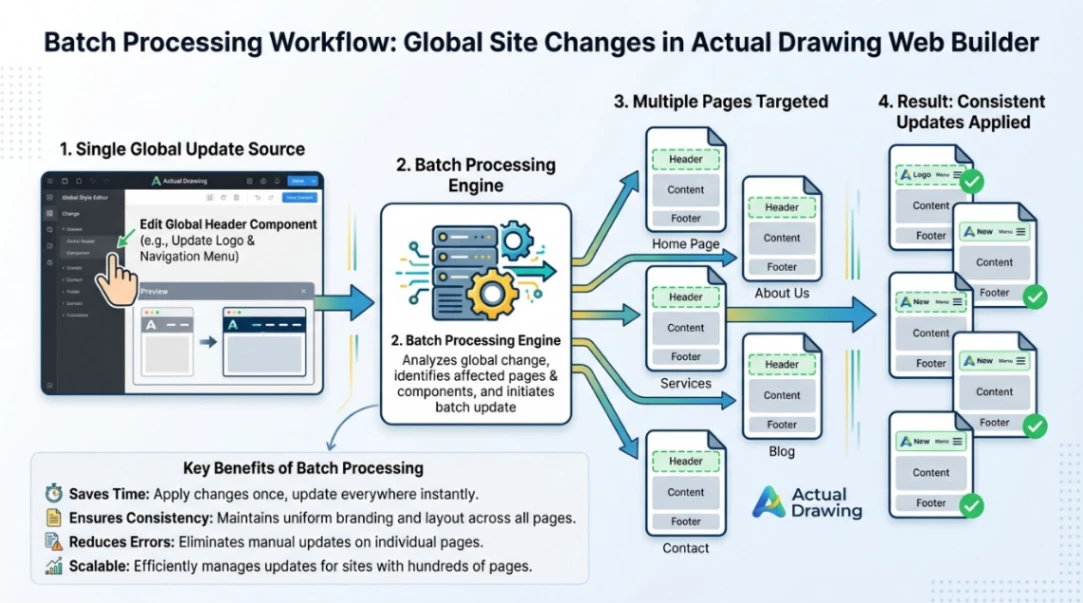 Infographic for batch processing workflow in Actual Drawing web builder for global site changes