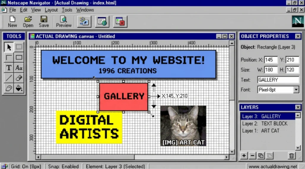 Actual Drawing web builder canvas interface showing pixel-perfect layout tools