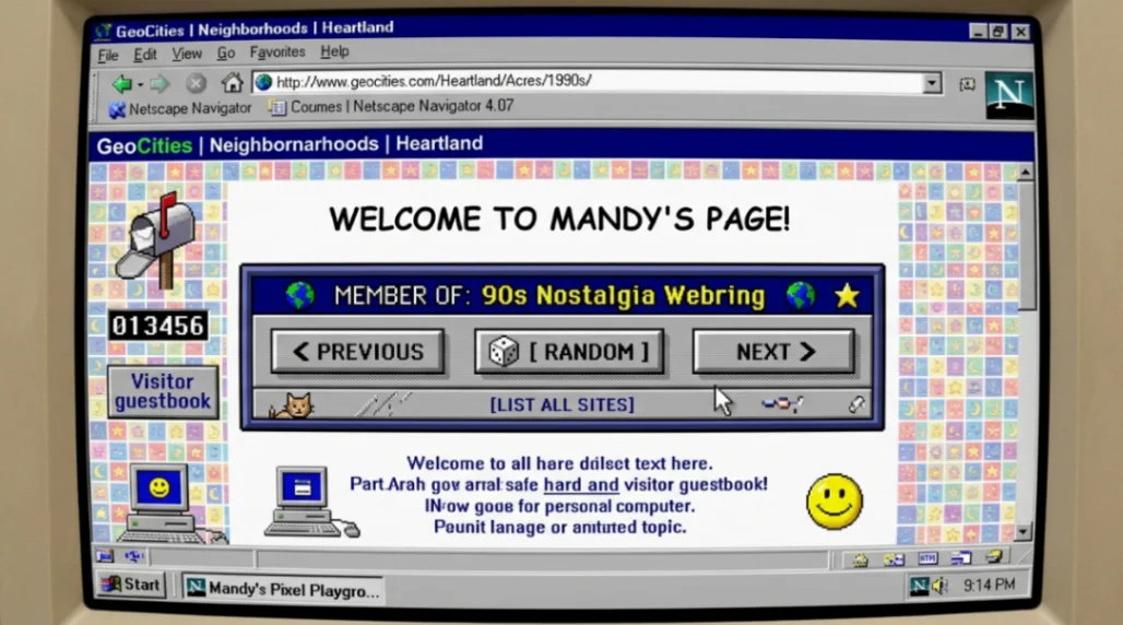 1990s webring navigation bar on a GeoCities personal homepage.