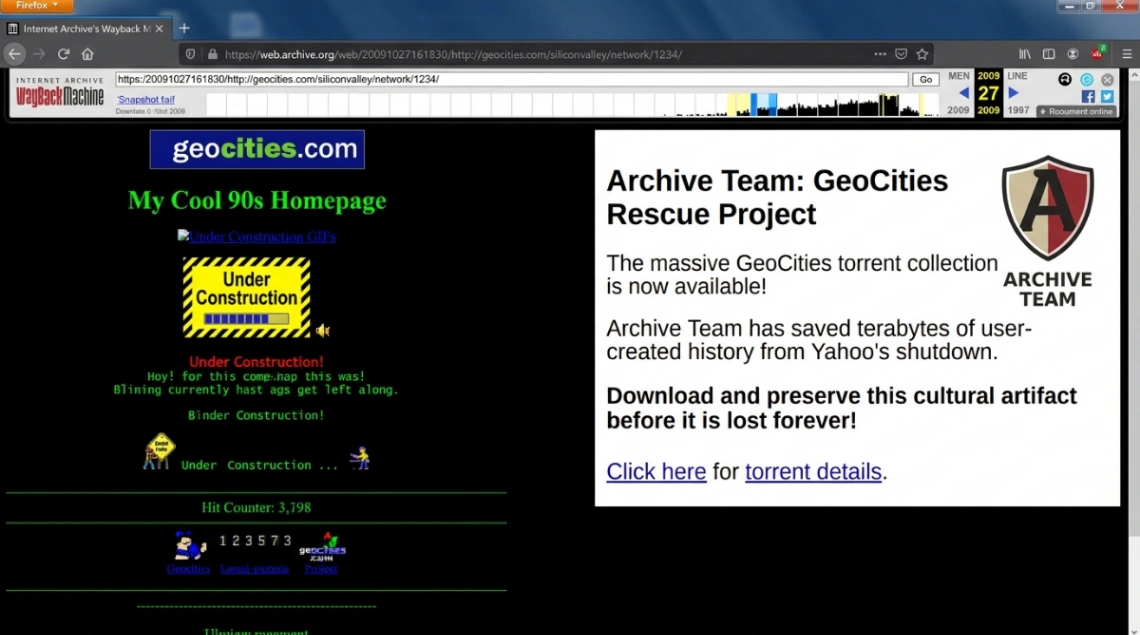 Internet Archive preservation of GeoCities pages after 2009 shutdown of no-code hosting platform.