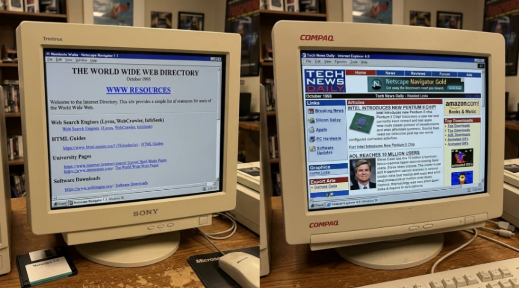Early web design evolution from text-only to table layouts comparison