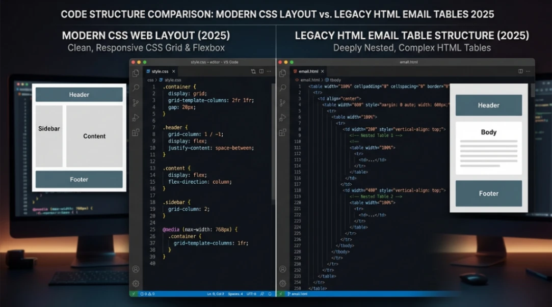 comparison of modern CSS layout vs legacy HTML email table structure 2025