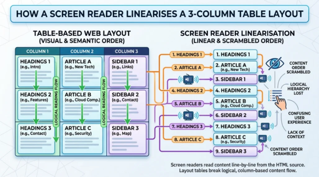 screen reader linearisation of table-based web layout accessibility problem infographic