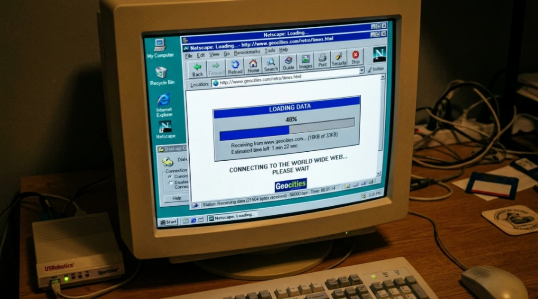 1990s dial-up internet loading experience on the Pentium PC screen