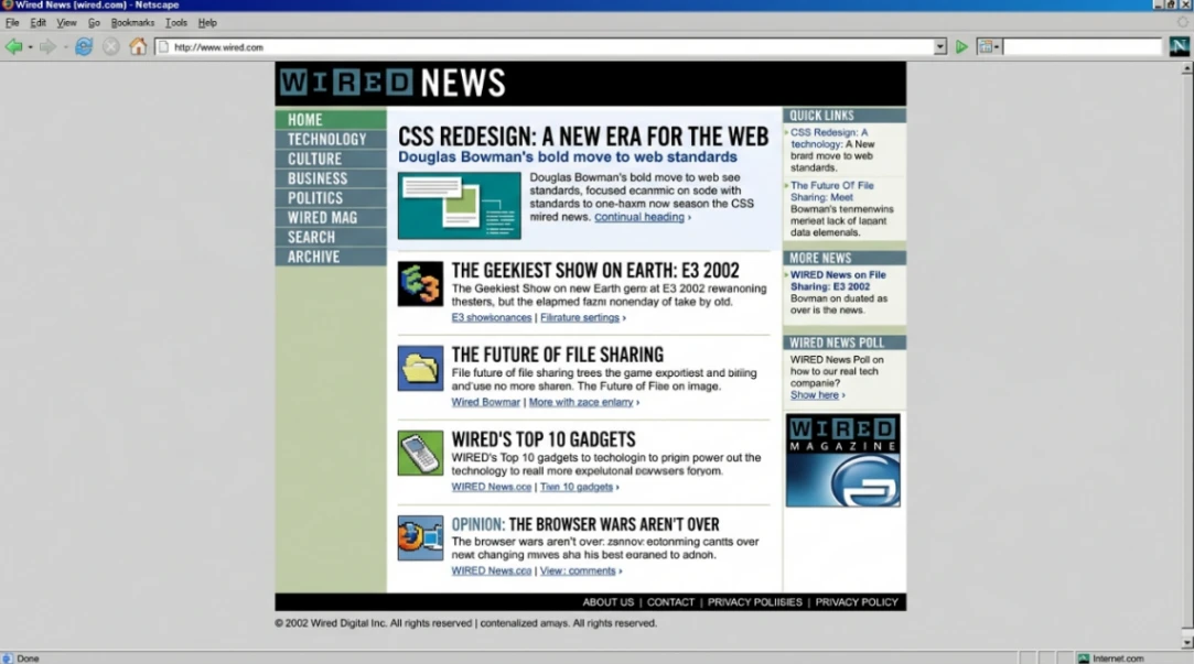Wired News tableless CSS redesign 2002 web standards milestone