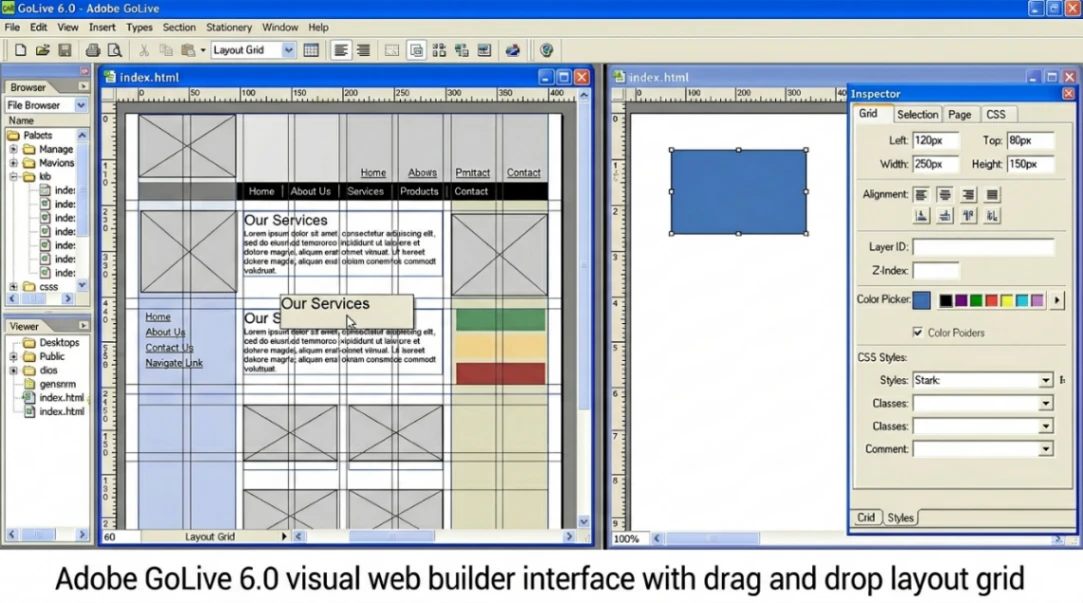 Adobe GoLive 6.0 visual web builder interface with drag and drop layout grid