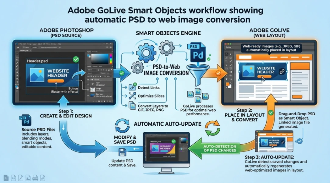 infographic of Adobe GoLive Smart Objects workflow showing automatic PSD to web image conversion