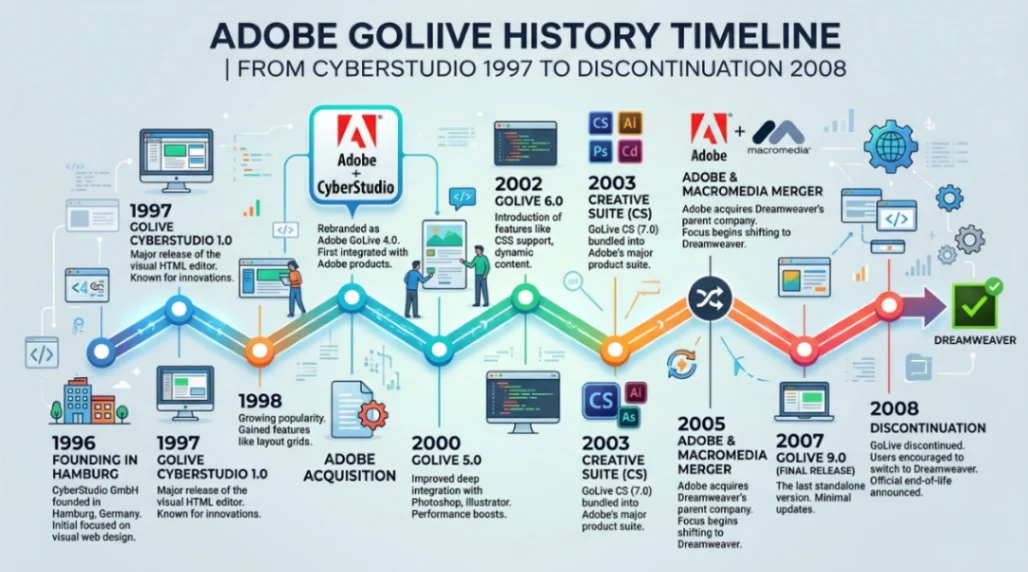 infographic of Adobe GoLive history timeline from CyberStudio 1997 to discontinuation 2008