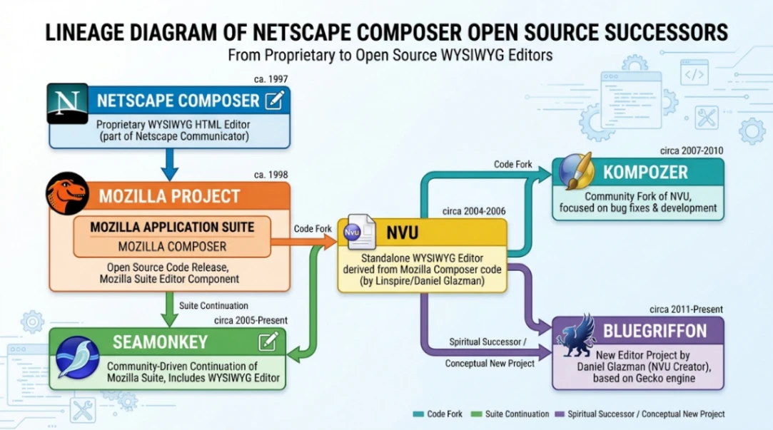 Lineage diagram of Netscape Composer open source successors.
