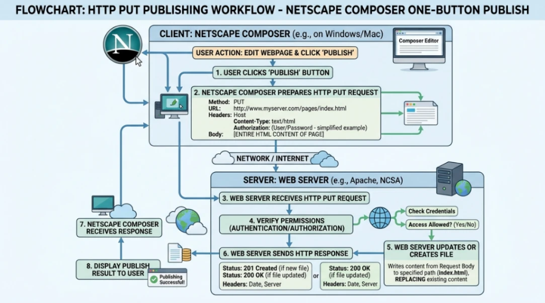 Flowchart showing Netscape Composer one-button publish process using HTTP PUT method.