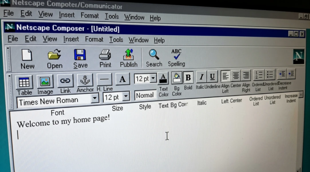 Netscape Composer WYSIWYG toolbar showing text formatting and insert options.