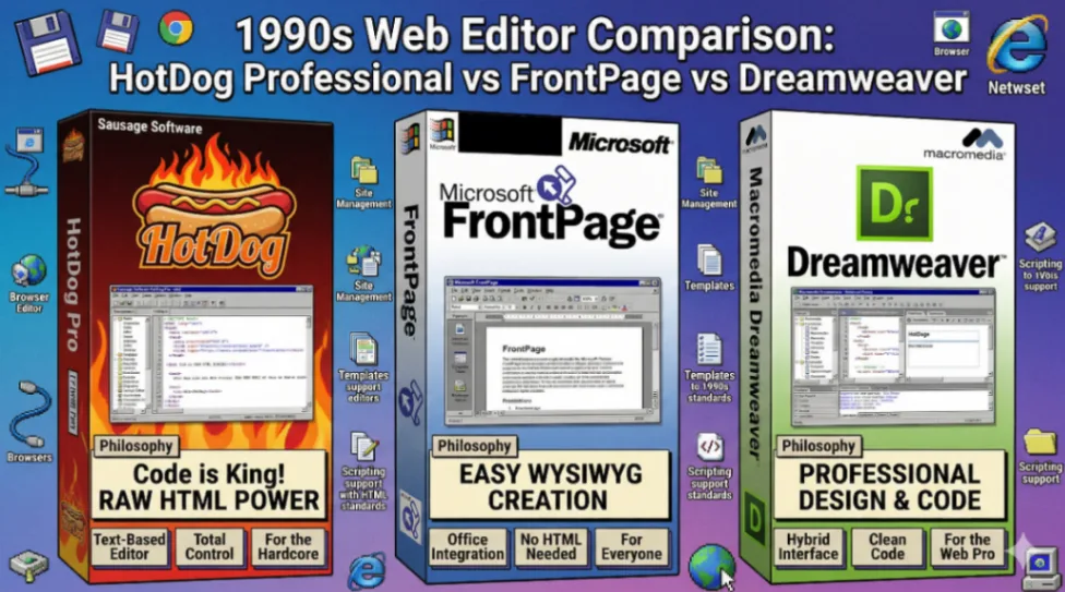 1990s web editor comparison HotDog Professional vs FrontPage vs Dreamweaver