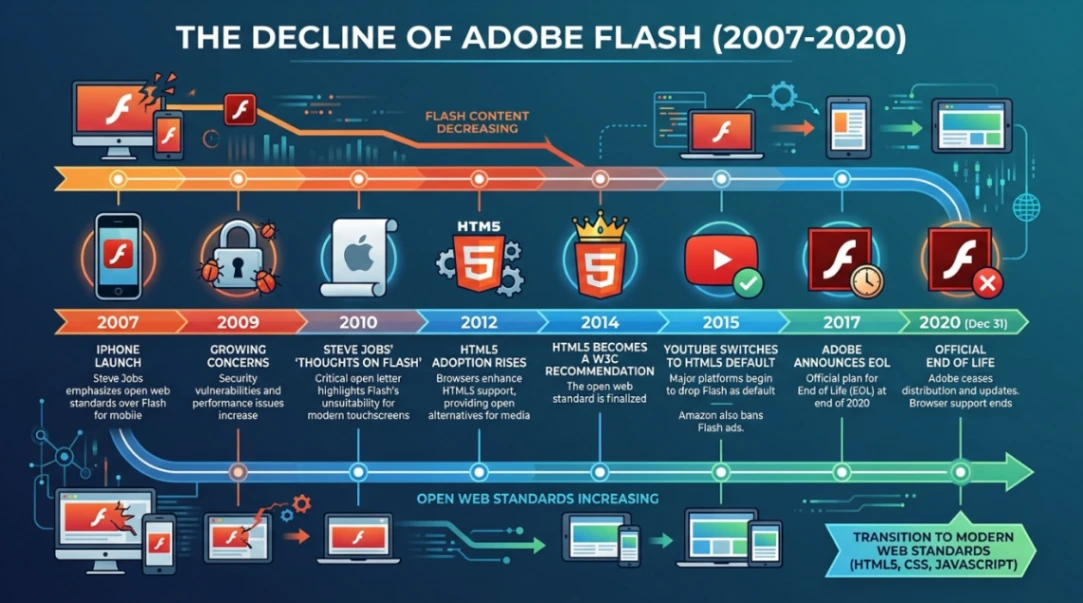 Infographic of Adobe Flash decline timeline from 2007 to 2020.