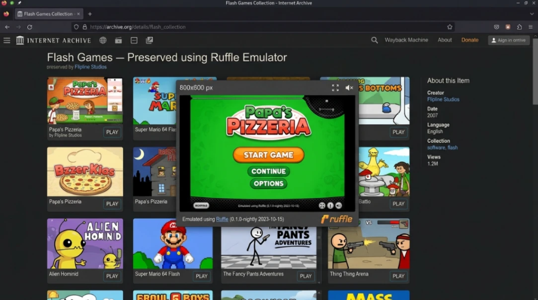 Internet Archive preserving Adobe Flash games using Ruffle emulator.