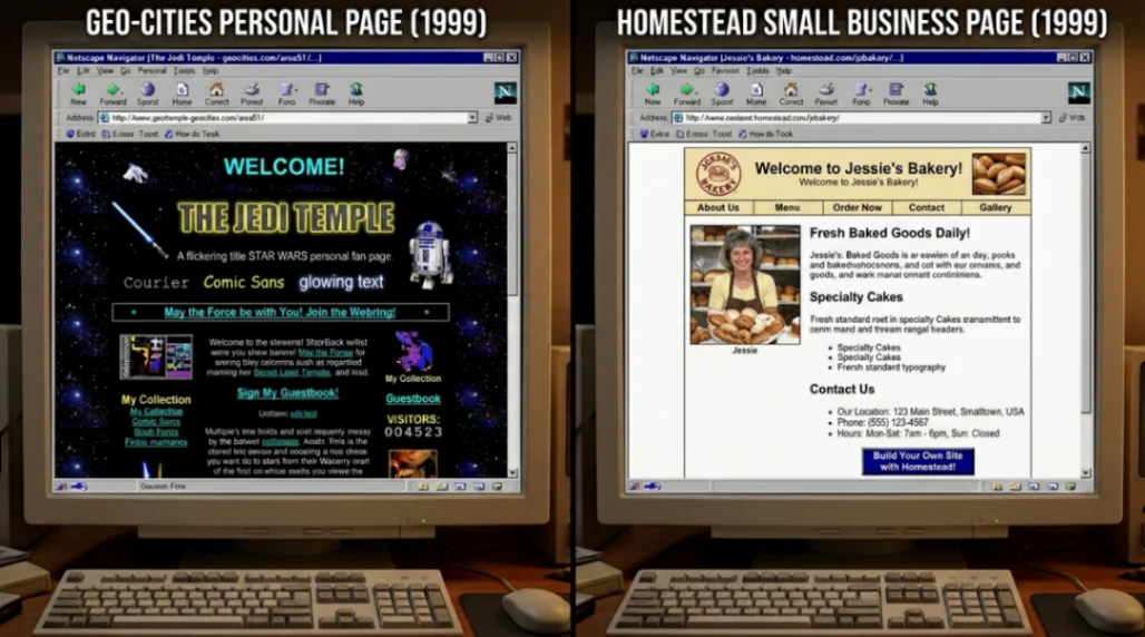 GeoCities fan page vs Homestead professional small business website 1999