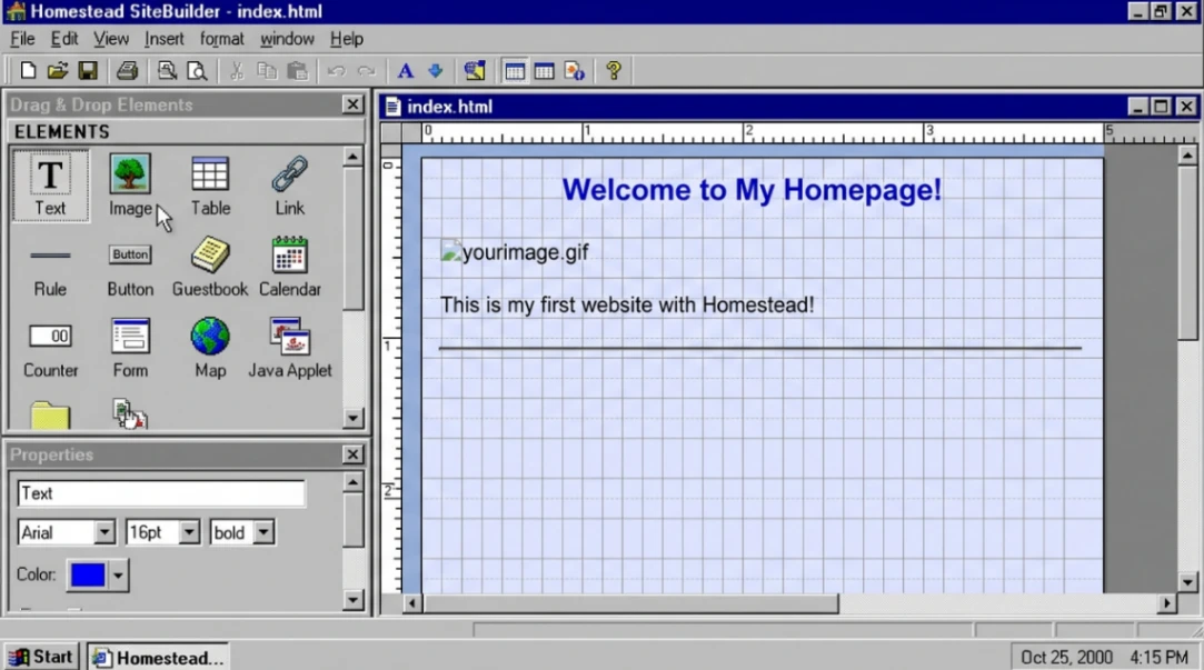 Homestead SiteBuilder interface circa 2000 showing drag and drop Elements panel