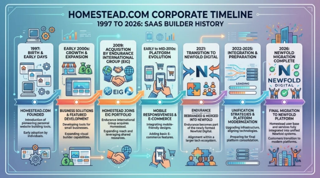Homestead.com corporate timeline 1997 to 2026 SaaS builder history infographic