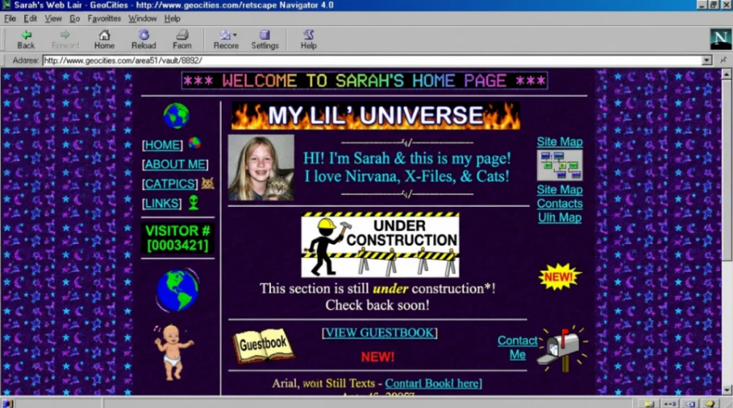 Example of a Web 1.0 GeoCities homepage with Under Construction GIF in early web design era.