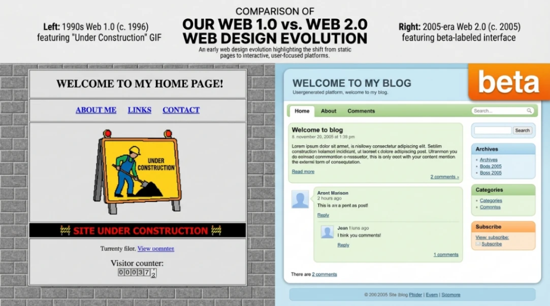Comparison of Web 1.0 Under Construction GIF versus Web 2.0 beta label in early web design evolution
