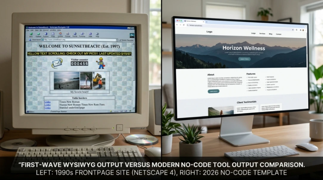 First-wave WYSIWYG output versus modern no-code tool output comparison.