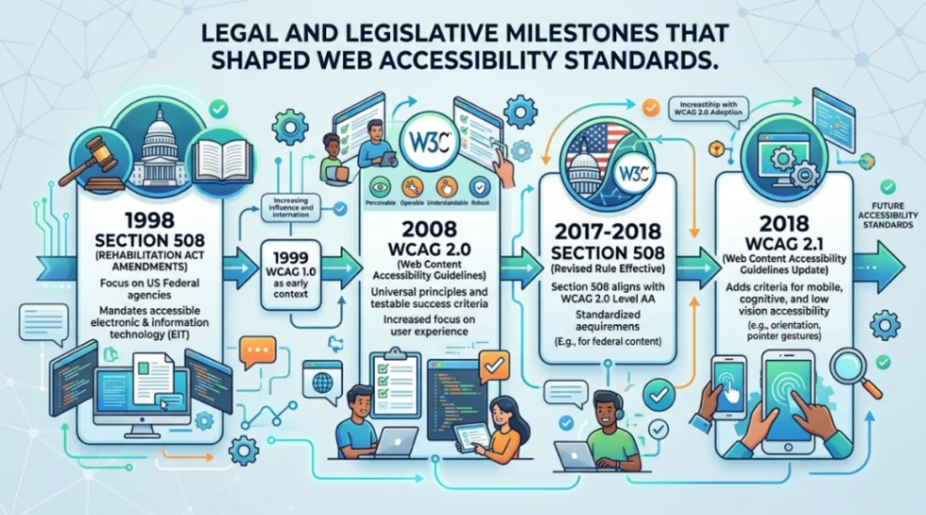 Legal and legislative milestones that shaped web accessibility standards.