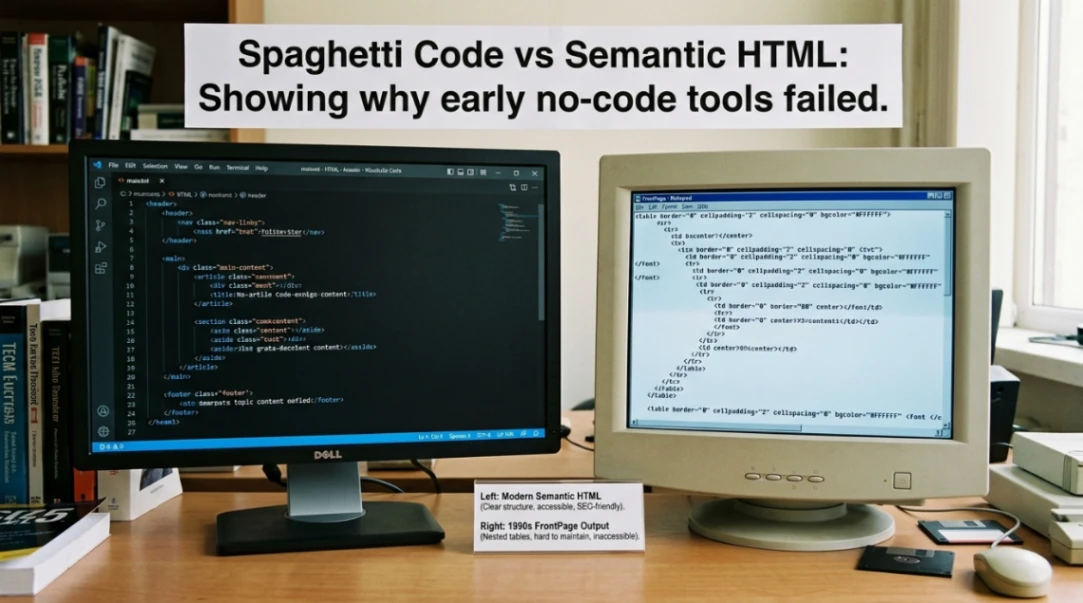 Spaghetti code vs semantic HTML comparison showing why early no code tools failed.