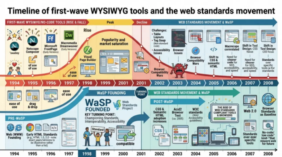 Timeline of first-wave no code tools and the web standards movement.