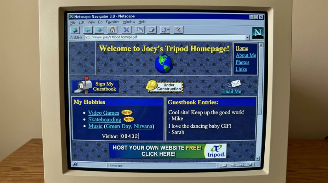 Example of a 1990s personal website built on Tripod with classic early web design elements.