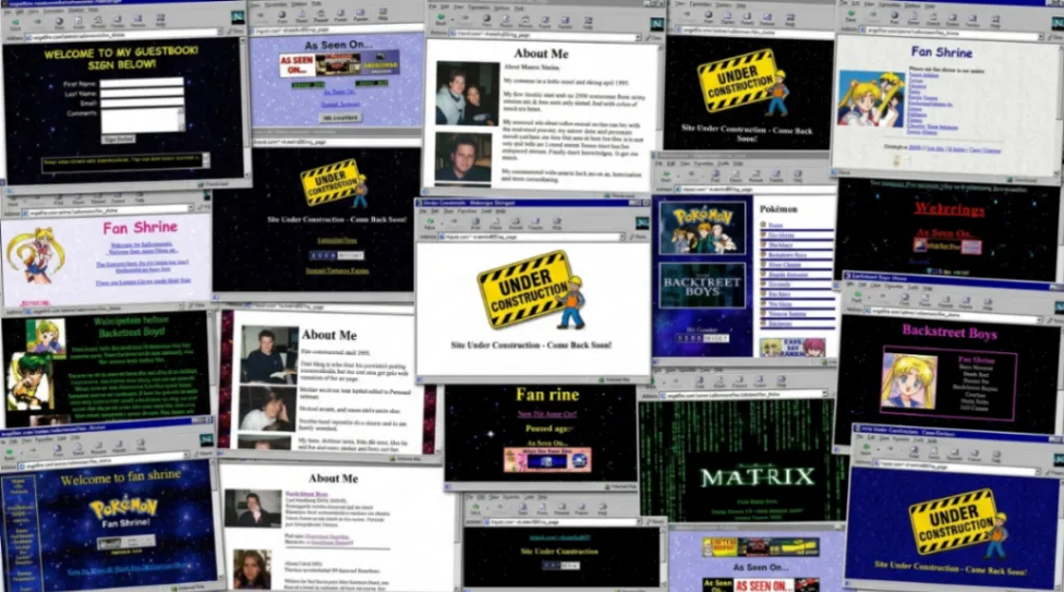 Collage of vintage 1990s personal websites from Tripod and Angelfire showing early internet culture 