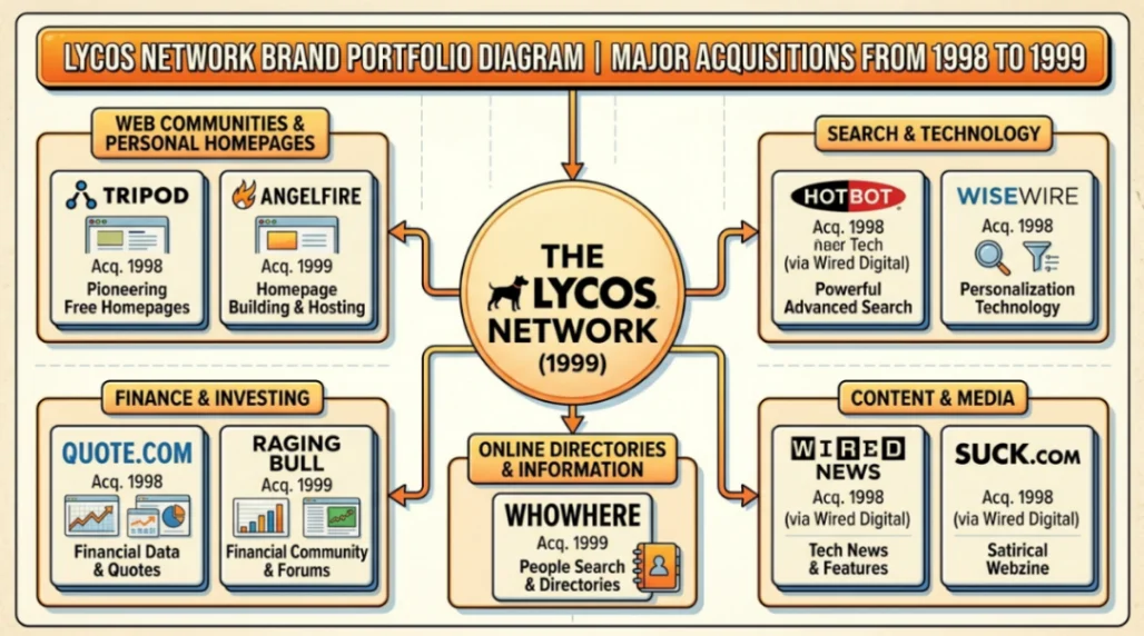 Lycos Network brand portfolio diagram showing major acquisitions from 1998 to 1999.