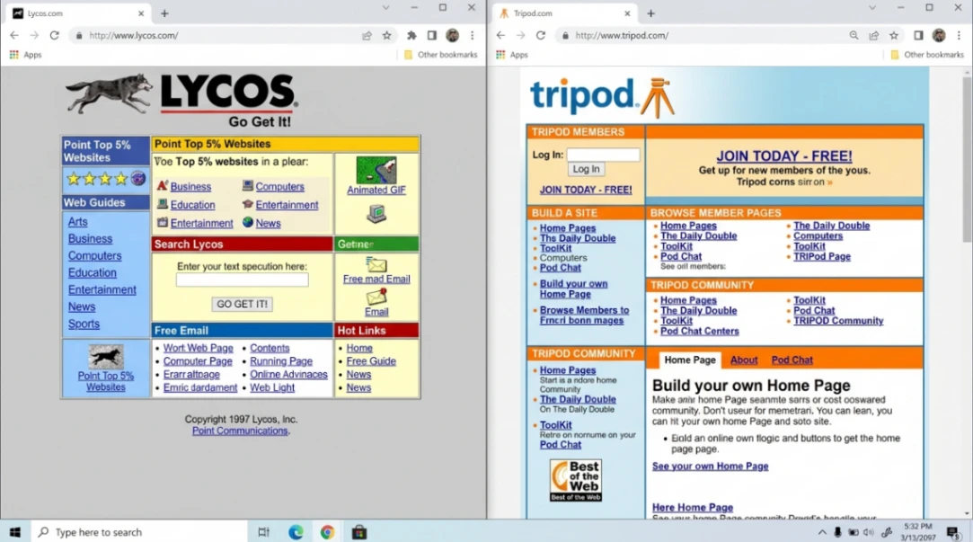 Original Lycos and Tripod website interfaces from the late 1990s.