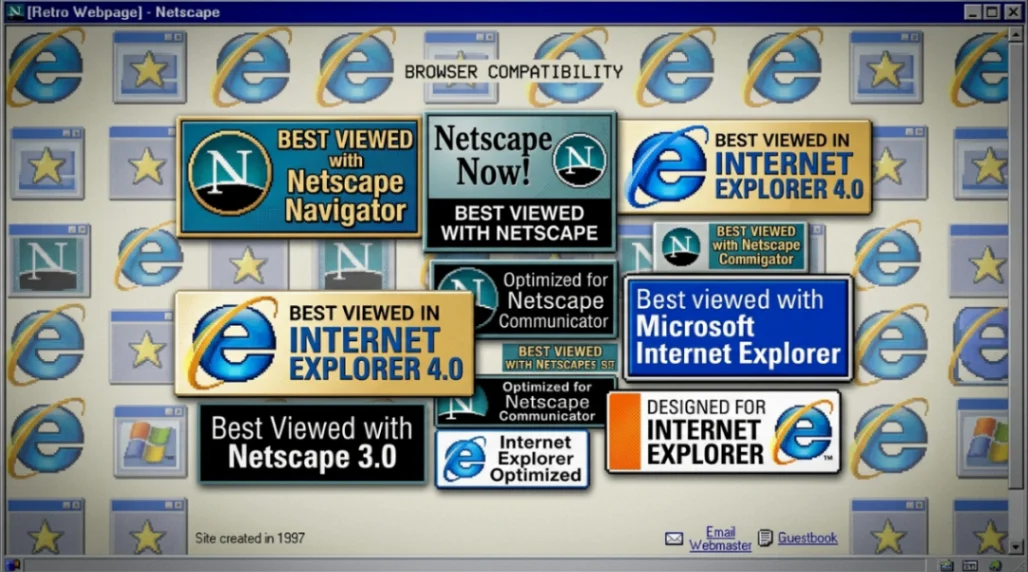 1990s Best Viewed In browser compatibility badges shown on a vintage website design
