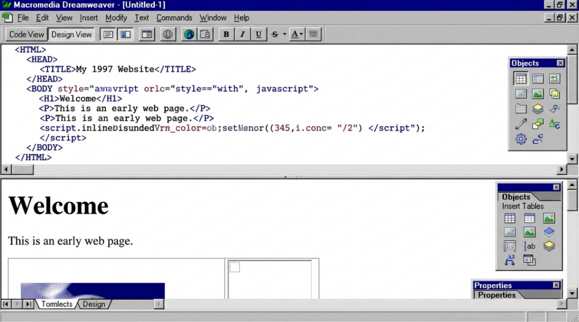 Macromedia Dreamweaver split-view interface showing HTML code and visual design simultaneously circa