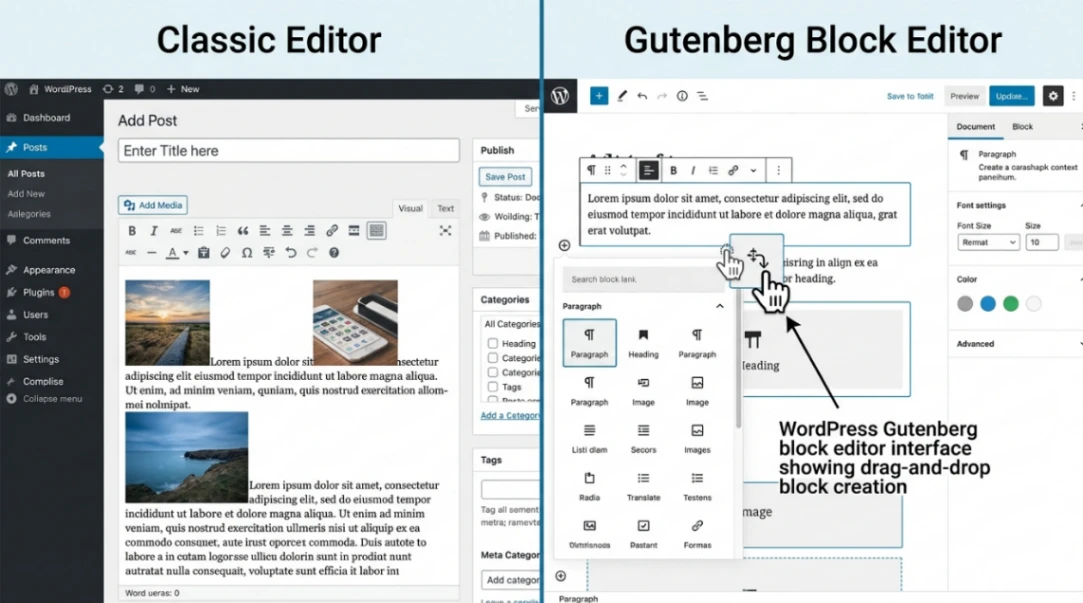 WordPress Gutenberg block editor interface showing drag-and-drop block creation