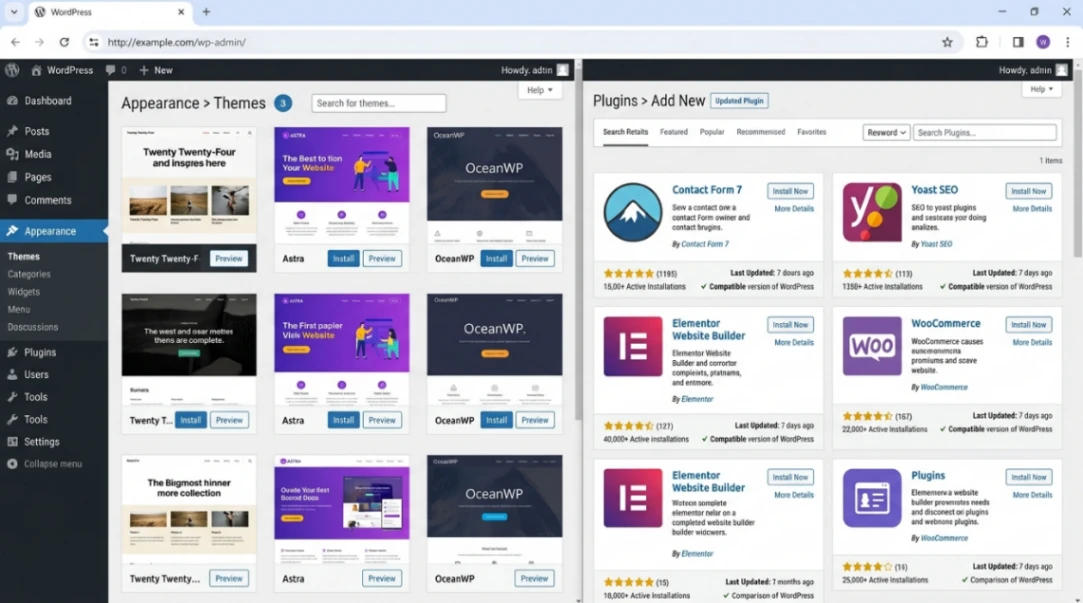 WordPress admin dashboard showing the plugin and theme installation interface
