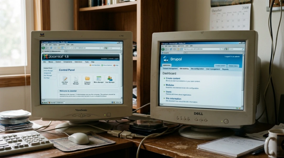 Historical Joomla vs Drupal admin interfaces