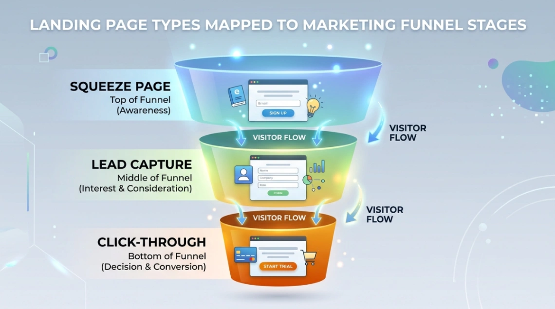 Landing page types mapped to marketing funnel stages