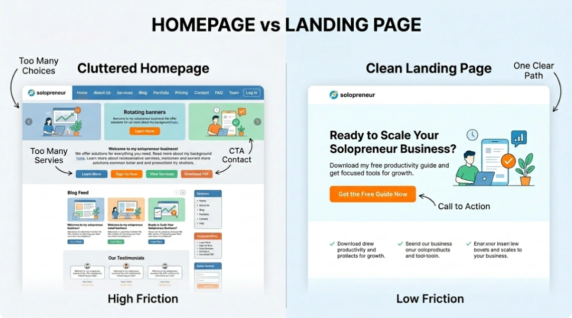 Homepage versus landing page comparison for solopreneurs
