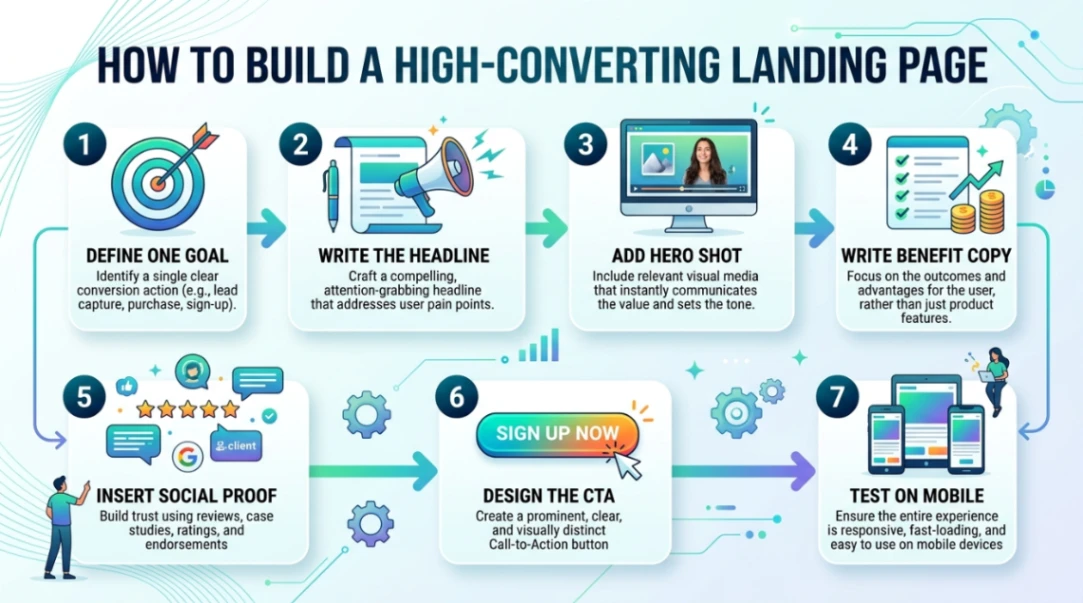 Step-by-step infographic showing the seven elements required to build a high-converting landing page