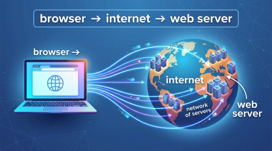 Diagram showing how a browser connects through the internet to a web server.