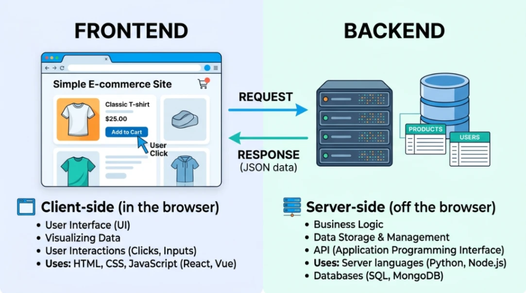 Split diagram comparing frontend browser view with backend server and database.
