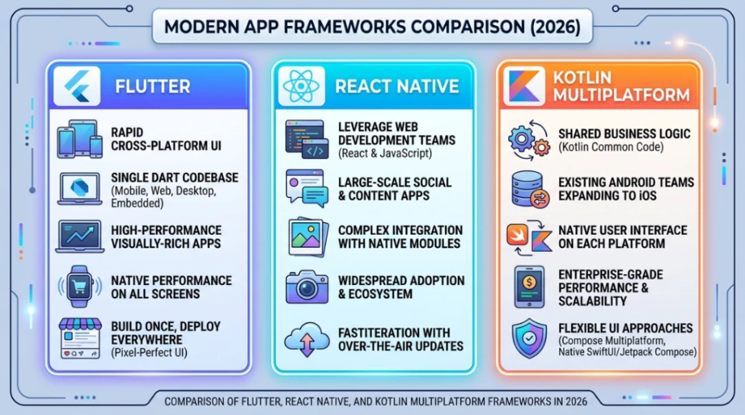 Comparison of Flutter, React Native, and Kotlin Multiplatform frameworks in 2026