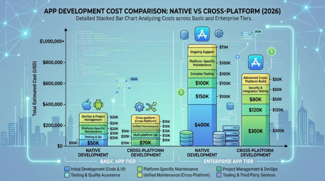 Cost comparison chart for native versus cross-platform app development in 2026