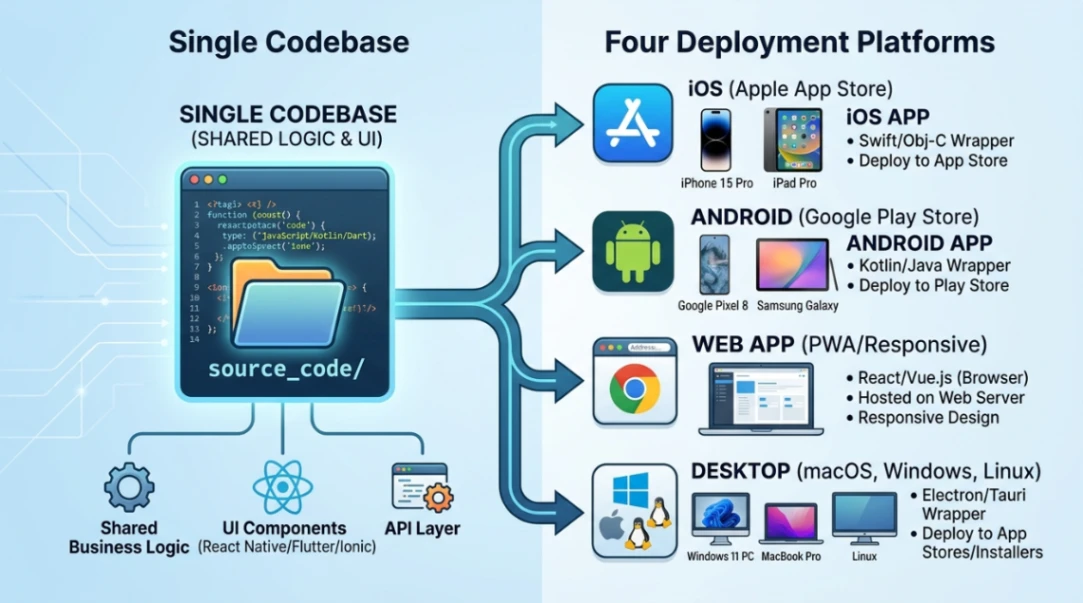 Cross-platform app architecture: single codebase deploying to four platforms